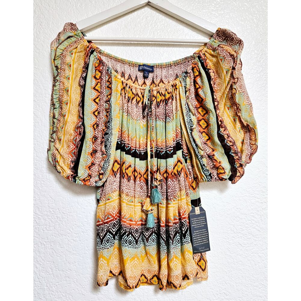 NEW Democracy Printed Ruffle Sleeve Top Womens Size Small Elasticized Neckline